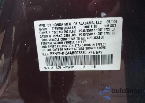 2010 Honda Pilot Ex-L from USA, damaged, VIN 5FNYF4H54AB002880